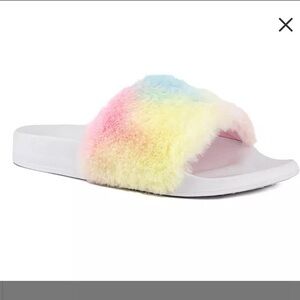 Sugar Women's White & Pastel Tie-Dye Faux Fur Slide.
